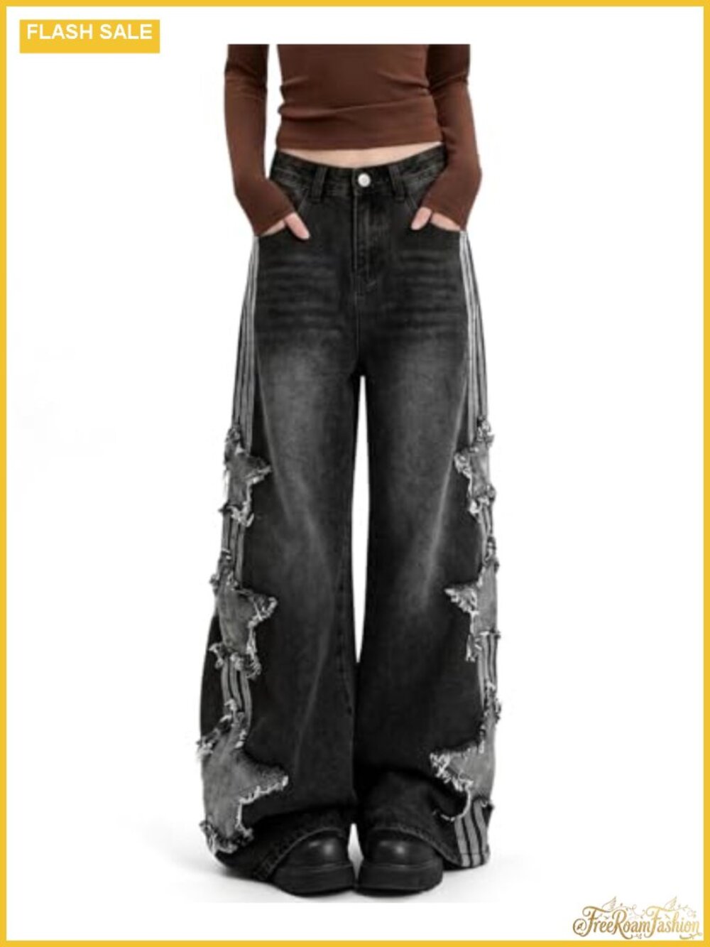 High Waisted Baggy Wide Leg Star Jeans Y2K Grunge Denim Pants Women